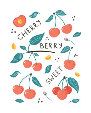 Cherry Berry. Hand drawn fruits, leaves and blossoms poster with lettering illustration for menu, market label, food package design and decoration, sticker, print. Doodle style