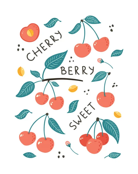 Cherry Berry Hand Drawn Fruits Leaves Blossoms Poster Lettering Illustration — Vettoriale Stock