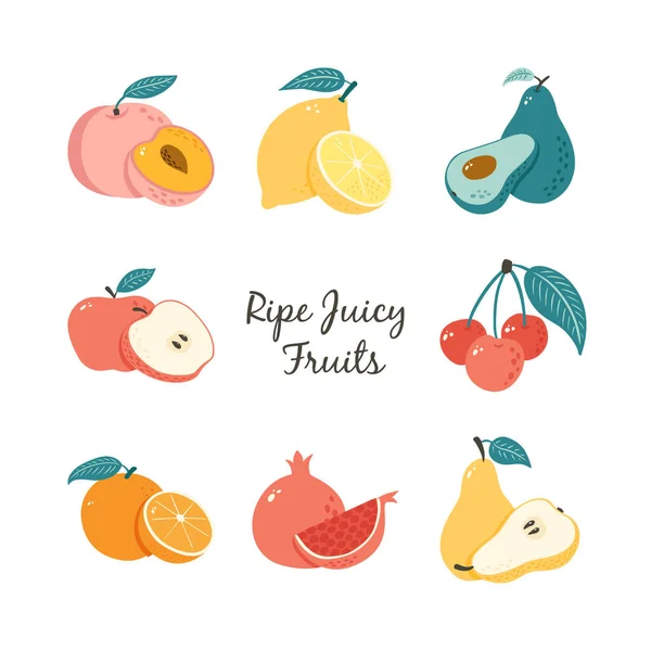 Doodle Fruits Set Raccolta Illustrazioni Frutta Disegnate Mano Logo Etichetta — Vettoriale Stock