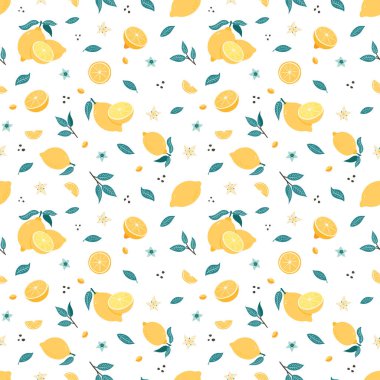 El yapımı Citrus arka planı. Limonsuz desen. Duvar kağıdı, ambalaj kağıdı, tekstil, menü, gıda paketi tasarımı ve dekorasyonu için sarı meyve süsü