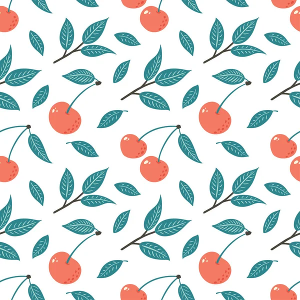 Cherry Seamless Pattern. Maturare Bacche di sfondo. Decorazione di frutta disegnata a mano per carta da parati, tessile, carta da imballaggio, menu, design e decorazione del pacchetto alimentare.. — Vettoriale Stock