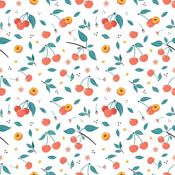 Cherry Berry Seamless Pattern. Sfondo frutta disegnato a mano. Decorazione di ciliegie dolci per carta da parati, tessile, carta da imballaggio, menu, design del pacchetto alimentare e decorazione. — Vettoriale Stock