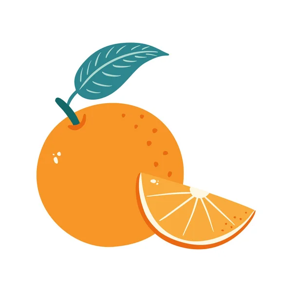 Fruta fresca doce do citrino com ilustração isolada do vetor da folha. Estilo dos desenhos animados. Fatia e laranja suculenta inteira — Vetor de Stock