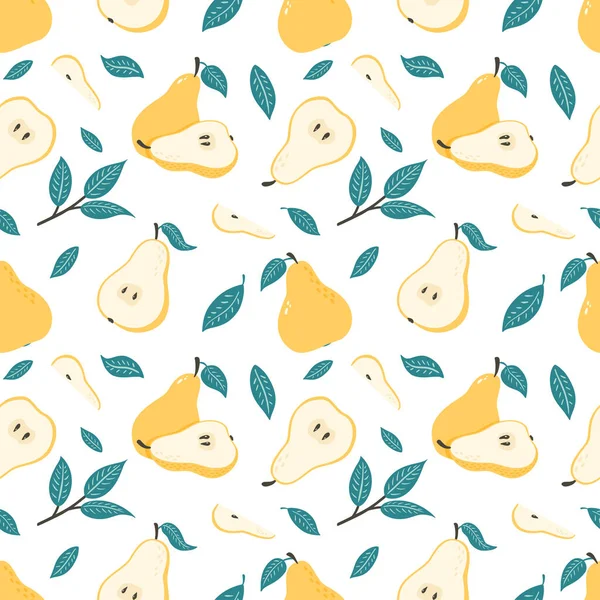 Sweet Pears padrão sem costura. Metade, fatia e frutas suculentas inteiras Repetetiev fundo. Ornamento de frutas desenhado à mão para papel de parede, papel de embrulho, menu, têxtil, design de pacote de alimentos e decoração — Vetor de Stock