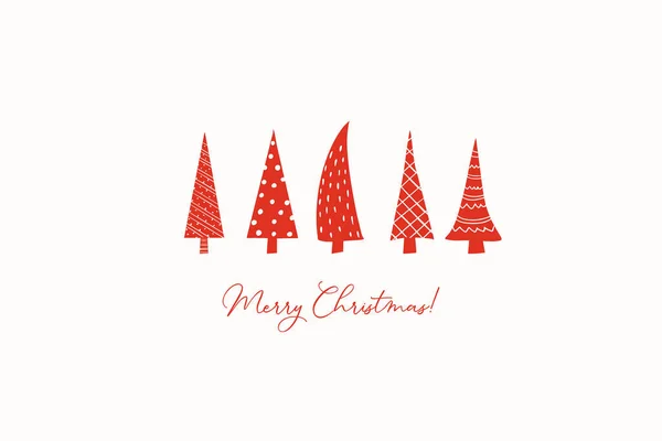 Karácsonyi Üdvözlőlap Stilizált Piros Stilizált Karácsonyfákkal Kézzel Rajzolt Vektorplakátok — Stock Vector