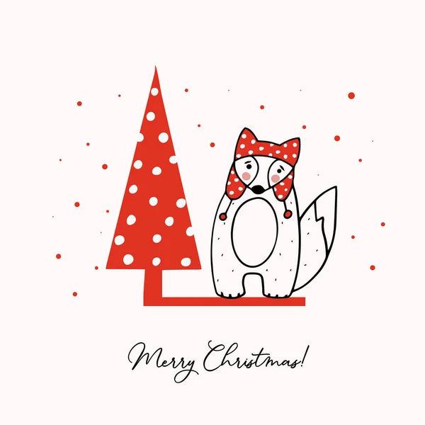 Üdvözlő Sablon Egy Aranyos Kis Róka Egy Stilizált Karácsonyfa Üdülési — Stock Vector