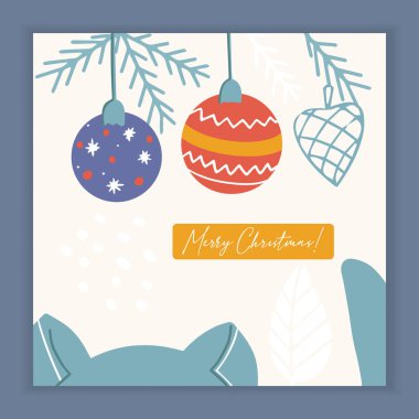 Minik kedili, bayram öğeleri ve sembollü mutlu noel kartları. Vektör karşılama şablonu.