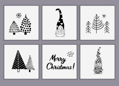 El çizimi karalama elementlerinden yapılmış Noel tebrik kartları. Noel ağaçları, İskandinav tarzında sevimli cüceler. Posterler veya davetiyeler için vektör şablonları.