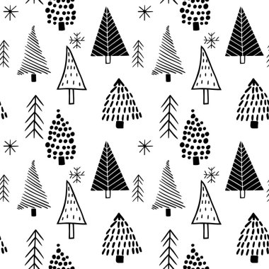 Elle çizilmiş Noel ağaçlarından kusursuz İskandinav tarzı desenler. Hediye ambalajı, duvar kağıdı, tekstil tasarımları için vektör arkaplanı.