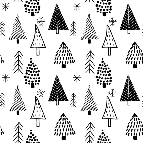 Patrones Estilo Escandinavo Sin Costuras Árboles Navidad Estilizados Dibujados Mano — Vector de stock
