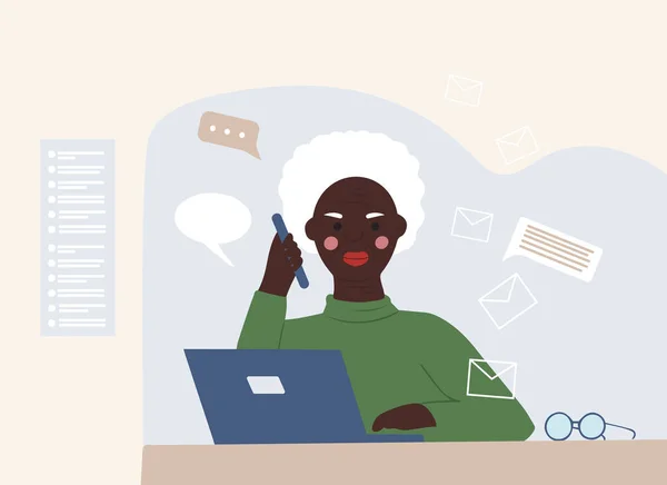 老年非洲裔美国妇女在她的笔记本电脑上上网工作和聊天 矢量平面插图 — 图库矢量图片