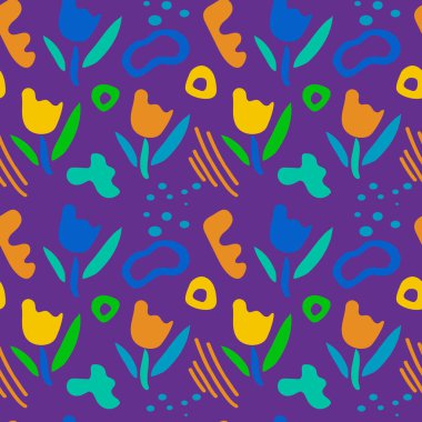 Basit organik şekil ve çizgilerin kusursuz soyut deseni. Parlak parlak renkte doğal botanik elementler. Tekstil tasarımı, kumaş, kağıt için modern moda vektör arkaplanı.