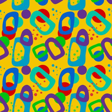 Basit organik şekillerin kusursuz soyut deseni ve parlak gökkuşağı renklerinde çizgiler. Tekstil tasarımı, kumaş, kağıt, sosyal pazarlama için modern moda vektörü arka planı.