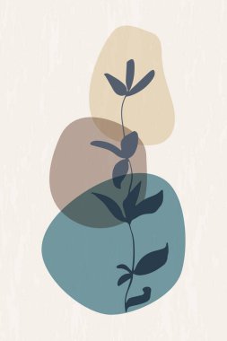 Basit şekiller ve doğal botanik elementlerden oluşan soyut bir kompozisyona sahip modern poster. Kolaj tarzı, minimalizm. Yapraklı dal. Kartpostallar için vektör pankartları ve sosyal medya için kapaklar.
