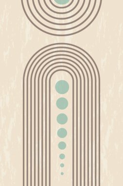 Geometrik şekilleri ve çizgileri olan soyut grunge posteri. Gökkuşağı izi ve güneş çemberi, boho stili. Pastel renklerde modern minimalist baskı. Denge, uyum ve denge kavramı. Vektör illüstrasyonu.