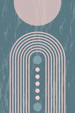 Geometrik şekilleri ve çizgileri olan soyut grunge posteri. Gökkuşağı izi ve güneş çemberi, boho stili. Pastel renklerde modern minimalist baskı. Denge, uyum ve denge kavramı. Vektör illüstrasyonu.