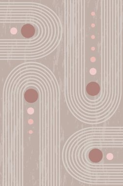 Geometrik şekilleri ve çizgileri olan soyut grunge posteri. Gökkuşağı izi ve güneş çemberi, boho stili. Pastel renklerde modern minimalist baskı. Denge, uyum ve denge kavramı. Vektör illüstrasyonu.