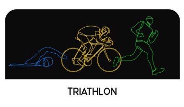 Triatlon. Çizgili çizgili atletler. Yüzme, bisiklet ve koşuda rekabet. Vektör illüstrasyonu