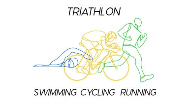 Triatlon. Çizgili çizgili atletler. Yüzme, bisiklet ve koşuda rekabet. Vektör illüstrasyonu
