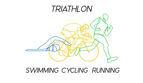Triatlón. Atletas lineales dibujados a mano. Competencia en natación, ciclismo y running. Ilustración vectorial — Archivo Imágenes Vectoriales