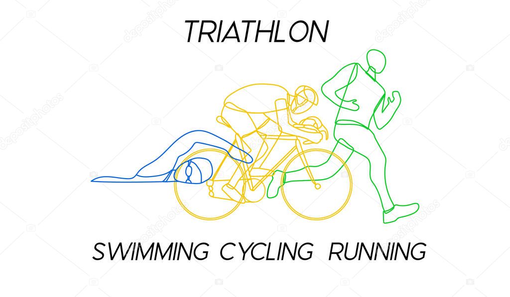 Triathlon. Linear hand drawn athletes. Competition in swimming, cycling and running. Vector illustration.