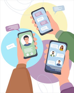 Akıllı telefonlu eller. İnsanlar sosyal ağlar ve mesajlarla iletişim kuruyor, sohbet ediyor, mesajlaşıyor, video görüşmeleri yapıyor. Mobil uygulamalar ve internet teknolojisi. düz vektör