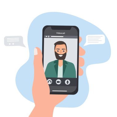 Akıllı telefonlu bir el ve ekranda bir insan. Sosyal ağlarda iletişim kurmak ve video aracılığıyla haberleşmek. Mobil uygulamalar ve internet teknolojisi. düz vektör