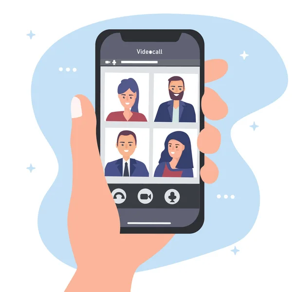 Video conferencing from a smartphone. Work team talking to each other on screen. Vector flat illustration — 图库矢量图片