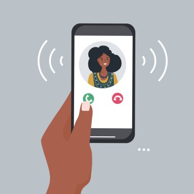 Gelen aramanın olduğu akıllı telefonu tutan bir el. Telefon ekranındaki bağlantılardan birinin portresi. Mobil uygulamalar ve internet teknolojisi. Vektör düz resimleme.