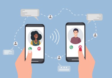 Akıllı telefonlu eller. Video görüşmeleri ve mesajlar yoluyla iletişim kurmak. Mobil uygulamalar ve internet teknolojisi. düz vektör.