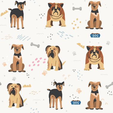 Sevimli köpekleri olan kusursuz bir desen. Tekstil ürünleri için vektör deseni, çocuk odası tasarımı, ambalaj kağıdı.