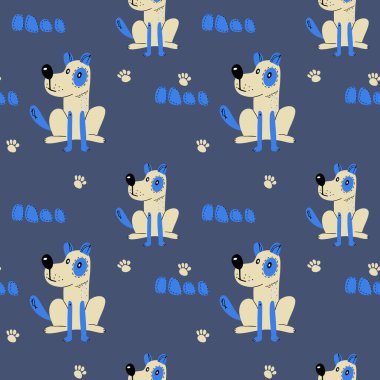 Şirin köpeklerle kusursuz bir desen. Çocuk tekstil, kumaş, ambalaj kağıdı ve duvar kağıdı için İskandinav tarzında karikatür soyut hayvanlarla vektör baskısı.