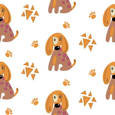 Şirin köpeklerle kusursuz bir desen. Çocuk tekstil, kumaş, ambalaj kağıdı ve duvar kağıdı için İskandinav tarzında karikatür soyut hayvanlarla vektör baskısı.