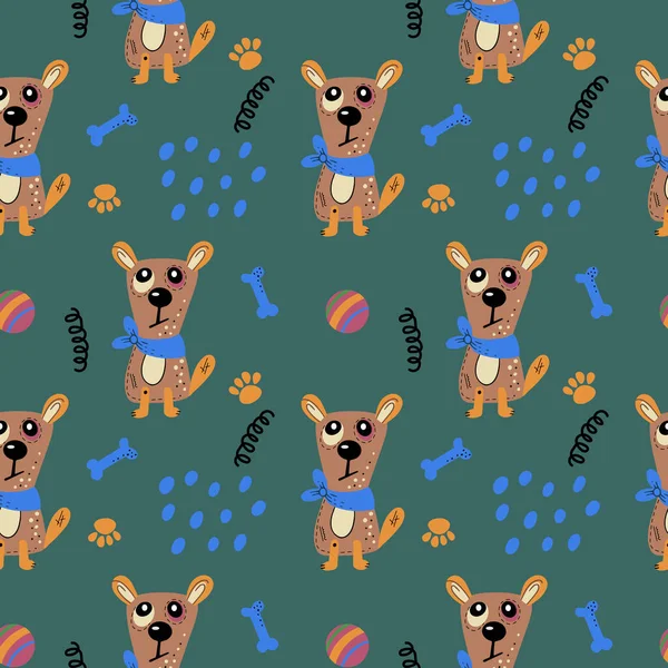 Şirin köpeklerle kusursuz bir desen. Çocuk tekstil, kumaş, ambalaj kağıdı ve duvar kağıdı için İskandinav tarzında karikatür soyut hayvanlarla vektör baskısı.