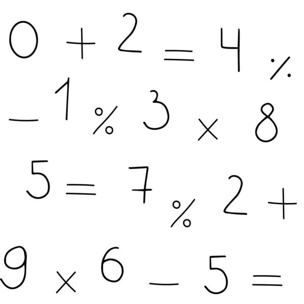 Sayıların, matematiksel işaretlerin ve sembollerin kusursuz deseni. El yazısı. Vektör arkaplanı.