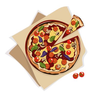 Salamlı İtalyan pizzası, mantar, domates, fesleğen ve peynir. Vektör illüstrasyonu.