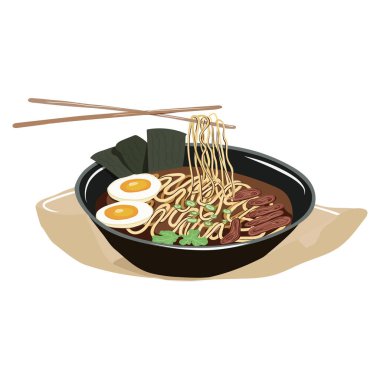 Ramen eriştesi, et yumurtası ve et suyu. Geleneksel Japon ve Çin yemekleri. Vektör illüstrasyonu.