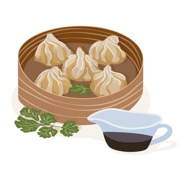 Kayın tabağında Wonton 'lar. Geleneksel Çin yemeği. Vektör illüstrasyonu.