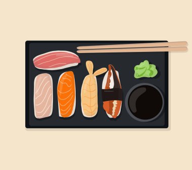 Geleneksel Japon dürümleri ve deniz mahsullü suşi seti. Siyah bir tabakta. Çizgi film el çizimi vektör illüstrasyonu.