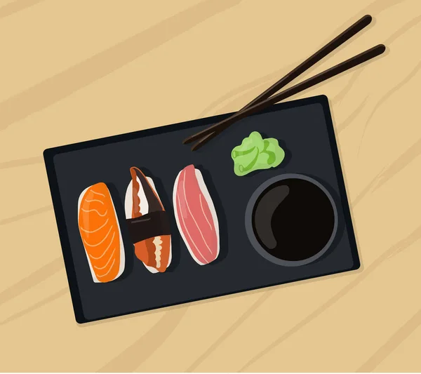 Conjunto Platos Tradicionales Japoneses Rollos Sushi Con Mariscos Plato Negro — Vector de stock