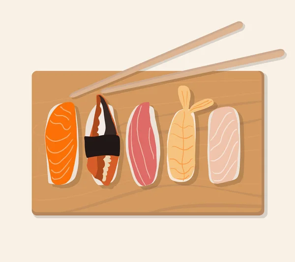 Conjunto Platos Tradicionales Japoneses Rollos Sushi Con Mariscos Una Bandeja — Vector de stock