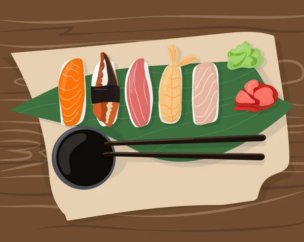 Conjunto Platos Tradicionales Japoneses Rollos Sushi Con Mariscos Una Mesa — Vector de stock