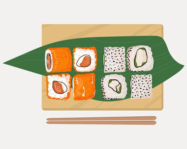 Conjunto Platos Tradicionales Japoneses Rollos Sushi Con Mariscos Una Bandeja — Vector de stock
