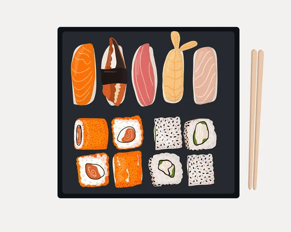 Conjunto Platos Tradicionales Japoneses Rollos Sushi Con Mariscos Plato Negro — Vector de stock