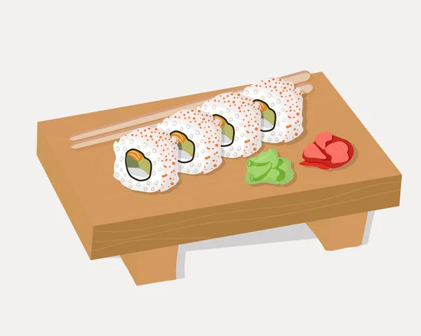 Sada Tradičních Japonských Pokrmů Rohlíků Sushi Mořskými Plody Dřevěném Podnose — Stockový vektor