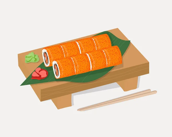 Набор Традиционных Японских Блюд Роллов Суши Морепродуктами Деревянном Подносе Ручной — стоковый вектор
