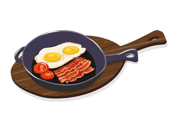 Desayuno Inglés Huevos Fritos Con Tocino Una Sartén Hierro Fundido — Vector de stock