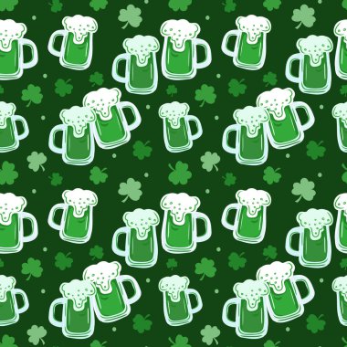 Kusursuz İrlanda sembolleri Aziz Patrick Günü şablonu. Yeşil yonca yaprağı ve diğer elle çizilmiş elementler. Tatil davetiyesi, tebrik kartı veya broşür için vektör arkaplanı.