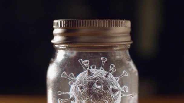 コロナウイルス3Dアニメーションガラス瓶の制御下のウイルス. — ストック動画