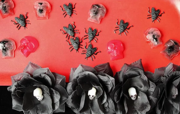 Halloween Dia Muertos Compositie Ijsschedels Rood Zwart Omringd Door Insecten — Stockfoto
